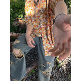 Riolio  Retro Floral Boyfriend Summer New Patchwork Shirt Collar Button Comfortable and Loose All Match Casual Short Sleeved Shirts