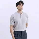 Riolio New Fashion American Style Men T-shirt Luxury Striped Knitted Henry Collar Tees Casual Solid Color Short Sleeve Breathable Tops