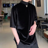 Riolio  Summer Velvet Stand-up Collar Short-sleeved Men's T-shirt Personality Triangle Logo Trend Loose Top Ruffian Handsome Retro