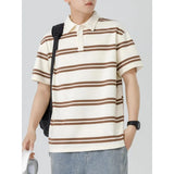 Riolio  Men Beige Black Striped Short Sleeve Polo Shirt Loose Casual Cotton Blend Summer Top