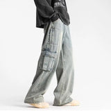 Riolio  Spring and Autumn Street Couple Loose Retro Straight Tube Multi Pocket Washed Jeans for Men and Women Loose Hip Hop Casual Pants