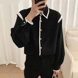 Riolio Tops Korean Style Men Black White Color Blouse Fashion Well Fitting Splicing Long Sleeve Lapel Buttons Shirts S-5XL