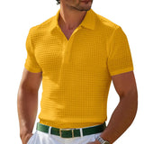 Riolio  Men's Casual Short Sleeve Polo Shirts Solid Waffler Comfortable Outdoor Polos Male Streetwear Turn Down Collar Pull On Tees Tops