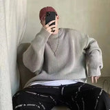 Riolio  Autumn and winter loose shoulder sweater for young men Japanese retro pineapple needle jacquard lazy round neck knit sweater