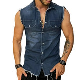 Riolio Spring/Summer New Men's Denim T-shirt With Lapel, Sleeveless Cardigan, Single Breasted Top Pocket