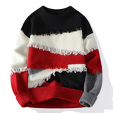 Riolio men's winter outfits Hole Fringed Sweaters Retro Tasseled Knitwear Patchwork Color Knitwear Round Neck Pullover Knit Sweater Couple Long Sleeve Tops