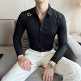 Riolio Strap Decorative Design Shirt Mens Clothing Korean Long Sleeved Slim Fit Casual Shirts Nightclub Prom Show Dress Shirt