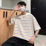 Riolio 100% Cotton Short Sleeve T-shirt Men Trendy Summer Hong Kong Style Striped Five-point Half Sleeve Student Leisure Versatile