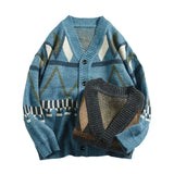 Riolio Vintage Japanese Men's Sweater Loose Fit V-neck Knitted Top Casual Cardigan Jacket Trendy Spring Autumn Color Blocking