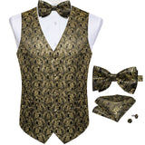 Riolio Luxury Black Paisley Silk Suit Vest for Men Bow Tie Handkerchief Cufflinks Wedding Party Formal Tuxedo Waistcoat