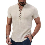 Riolio summer outfits men New Men's Short Sleeve Tshirt V neck button Cotton Linen Shirt Men's Casual Clothes Popular Tops for Men