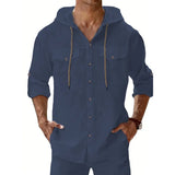 Riolio  Men's Linen Hooded Shirt Casual Solid Color Long Sleeve Beach Button Tops