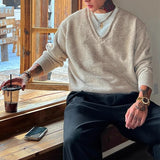 Riolio  Men's Color-blocking Knitted Sweater Light Luxury Deep V Neck Long Sleeve Pullover Autumn Japanese Trending Male Clothing M-3XL
