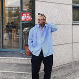 Riolio Men's Blue Vertical Striped Long-Sleeved Shirt, Korean Style High Quality Casual  Shirt Coat， Travel ，Hiking