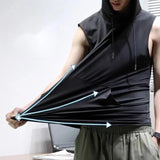 Riolio  Summer Autumn Man Ice Silk Quick Dry Fit Hooded Tank Top Sweatshirt American Dark Basketball Sports Sleeveless Vest
