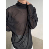 Riolio Sexy Perspective High-neck Long Sleeve T Shirt Men Women Net Yarn Bottoming Shirt Spring Summer Transparent Black Tee Shirts