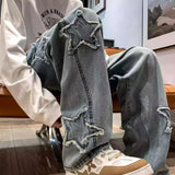 Riolio Stars Patchwork Men Jeans New Fashion Y2K Tassel Pants Korea Clothes Straight Hip Hop Splicing Trousers Male Streetwear