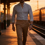 Riolio  Vintage Long Sleeve Striped Shirts Mens Spring Casual Turn-down Collar Button-up Shirt Fashionable Men Slim Fit Cardigans