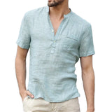 Riolio Summer Cotton Linen Casual T-Shirts Casual Male Short Sleeve V-Collar Breathable Men's Tee Button-up T S-5XL