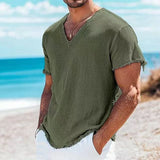 Riolio  Summer Fashion Men Cotton Linen Shirts Vintage Solid Casual Loose Tassel Tops V-neck T-shirts Short Sleeve Tees Shirts For Male