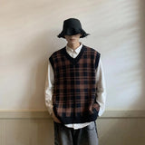 Riolio Sweater Vest Men Streetwear Designer Plaid All-match Casual Handsome Knitting Japanese Stylish Retro Baggy Students Unisex Chic