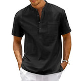 Riolio Cotton Linen Shirt Men Henley Neck Pocket Casual Beach Short Sleeve Solid Color Male Tops T-shirts Vintage Streetwear