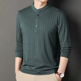 Riolio  Men Long Sleeve Spring Autumn Fashion Polo Shirts Stand Collar Business Half Open Collar Bottoming Striped Slim Comfortable Tops
