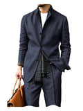 Riolio  Men's Linen Blend 2 Piece Suit Set Stand Collar Three Button Breathable Casual Blazer Pants For Business Daily Wear Summer
