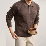 Riolio  Men Vintage Cable Twist Textured Knit Long Sleeve Polo Shirts Lapel Collar 3 Buttons Soft Skin Friendly Cotton Business Tops
