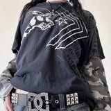 Riolio Y2K Grunge Emo Vintage T-shirt 2000s Cross Cyber Goth Patchwork Long Sleeve Tees E-girl Gothic Harajuku Loose Tops Women Men