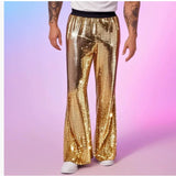 Riolio  Men's Shiny Metallic Sequin Flared Pants Disco Party Bell Bottom Trousers Elastic Waist Sparkly Nightclub Costume