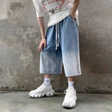 Riolio  High Street Trendy Gradient Jeans Men Summer Thin Elastic Waist Drawstring Pockets Loose Casual Denim Wide Leg Calf Length Pants