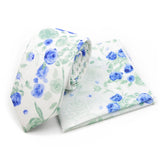 Riolio  Men's Floral Cotton Tie Pocket Handkerchief Set White Blue Woven Necktie Flower Leaves Pattern Wedding Party Accessories Gifts