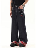 Riolio Men's Fashion Plaid Splicing Jeans Embroidery Design Baggy Straight Denim Pants Korean Vintage High Street Hip Hop Male Trousers