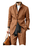 Riolio  Men's Linen Blend 2 Piece Suit Set Stand Collar Three Button Breathable Casual Blazer Pants For Business Daily Wear Summer