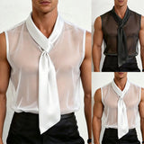 Riolio  Mens Mesh Sheer Satin Ribbon Sleeveless Vest Streetwear Fashion Nightclub Stage Niche Youth Tank Top Men'S Clothing New
