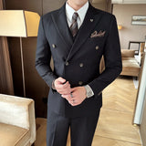 Riolio  New Men's Double-Breasted Three-Piece Suit Elegant Business Style Casual Fashion Urban Spring Season Slim Fit Metal Decoration