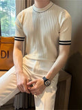 Riolio Men's Clothing Fashion Patchwork Tops Luxury High Quality Knit O Neck Short-sleeved T-shirt Leisure Popular Retro Slim Knitwear