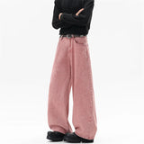Riolio  Pink Straight Leg Denim Pants Unisex Gender Neutral Jeans Urban Street Style Fashion Trendy Casual Wear Comfortable 2025 New
