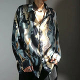 Riolio  Men Trendy Vintage Shirt Hong Kong Style Silk Satin Floral Loose Long Sleeve Rebellious Cool Smooth Drape Printed Oil Painting