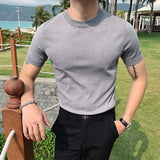 Riolio British Style Summer Ice Silk Short Sleeve Knitted T Shirts Men Simple Pure Color O-Neck Casual Slim Tee Shirt Top Homme M-3XL