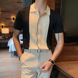 Riolio  Korean Summer Men Knitted Shirts Streetwear Fashion Male Clothes New Contrast Color Slim Fit Short Sleeve Business Casual Tops