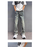 Riolio  Jacquard Jeans Men New American Style Old Washed Jeans Retro  Fashion Trend Pants Baggy Hip Hop Streetwear slim fit Denim pant