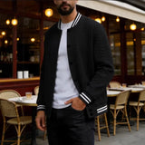 Riolio  Men's Cable Knit Varsity Jacket Striped Collar Cuff Button Down Baseball Bomber Jacket Casual Knit Cardigan Coat