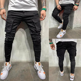 Riolio Jeans Men Pants Wash Solid Color Multi Pockets Denim Mid Waist Cargo Jeans Plus Size Fahsion Casual Trousers Male Daily Wear
