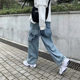 Riolio  Baggy Jeans Men's Oversize Streetwear Fashion Wide Leg Cargo Pants Hip Hop Harajuku Multi-Pocket Denim Trousers Black Blue