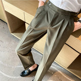 Riolio British Style Men High Waist Casual Business Dress Pants Streetwear New Fashion Social Belt Decoration Slim Fit Suit Pants Hot