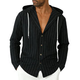 Riolio  Men's Striped Hooded Shirt Long Sleeve Button Down Casual Linen Blend Hoodie Shirt for Daily Wear