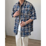 Riolio  American Style Loose Vintage Casual Plaid Quarter Sleeves Shirt Men Summer Burr Edge Contrasting Colors Short Sleeved Shirt