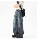 Riolio Men Unique Patchwork Washed Vintage Retro Loose Fit Baggy Jeans Fashion Denim Casual Street Style Distressed Trendy Comfort